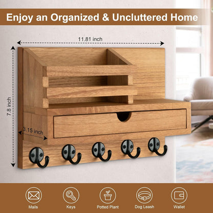 Key Holder Wall Mount, Mail Holder with Storage Drawer and 5 Key Hooks for Coat, Dog Leash, Home Decor Rack, House Accessories, Entry Way Organizer
