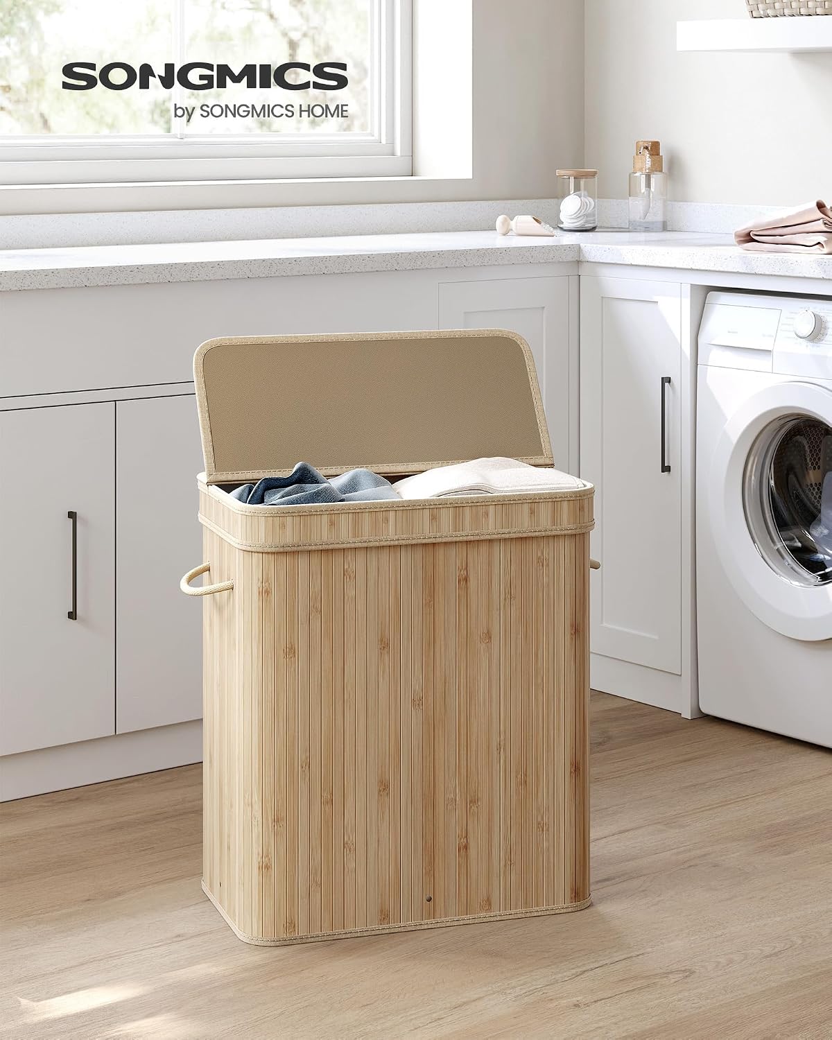 SONGMICS Laundry Hamper with Lid, Bamboo Launry Basket with Handles, Foldable Storage Basket for Laundry Room, Bedroom, 100L, Brown ULCB063K02