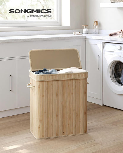 SONGMICS Laundry Hamper with Lid, Bamboo Launry Basket with Handles, Foldable Storage Basket for Laundry Room, Bedroom, 100L, Brown ULCB063K02