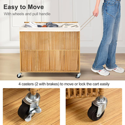 WOWLIVE Laundry Hamper with Wheels, 160L Handwoven Rolling Laundry Basket 3 Section with Lid, Clothes Hamper with Removable Liner Bags, Large Capacity Laundry Sorter Laundry Room Organization, Natural
