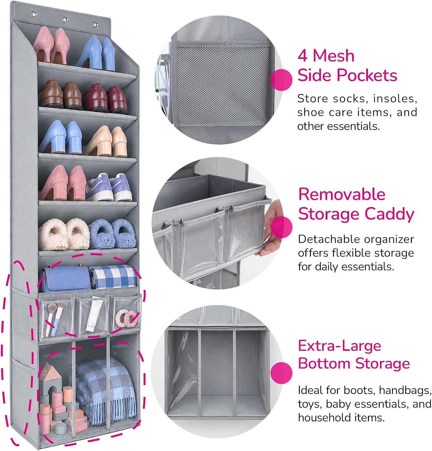3in1 Over The Door Shoe Organizer with 5 Slanted Compartments,Removable Storage Bin & Transparent Pockets,Thickened Waterproof Oxford Fabric Shoes Rack for Shoes,Boots,Toys,Daily Essentials. (Beige)