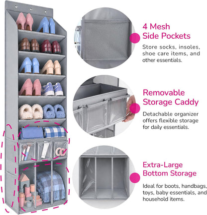 3in1 Over The Door Shoe Organizer with 5 Slanted Compartments,Removable Storage Bin & Transparent Pockets,Thickened Waterproof Oxford Fabric Shoes Rack for Shoes,Boots,Toys,Daily Essentials. (Beige)