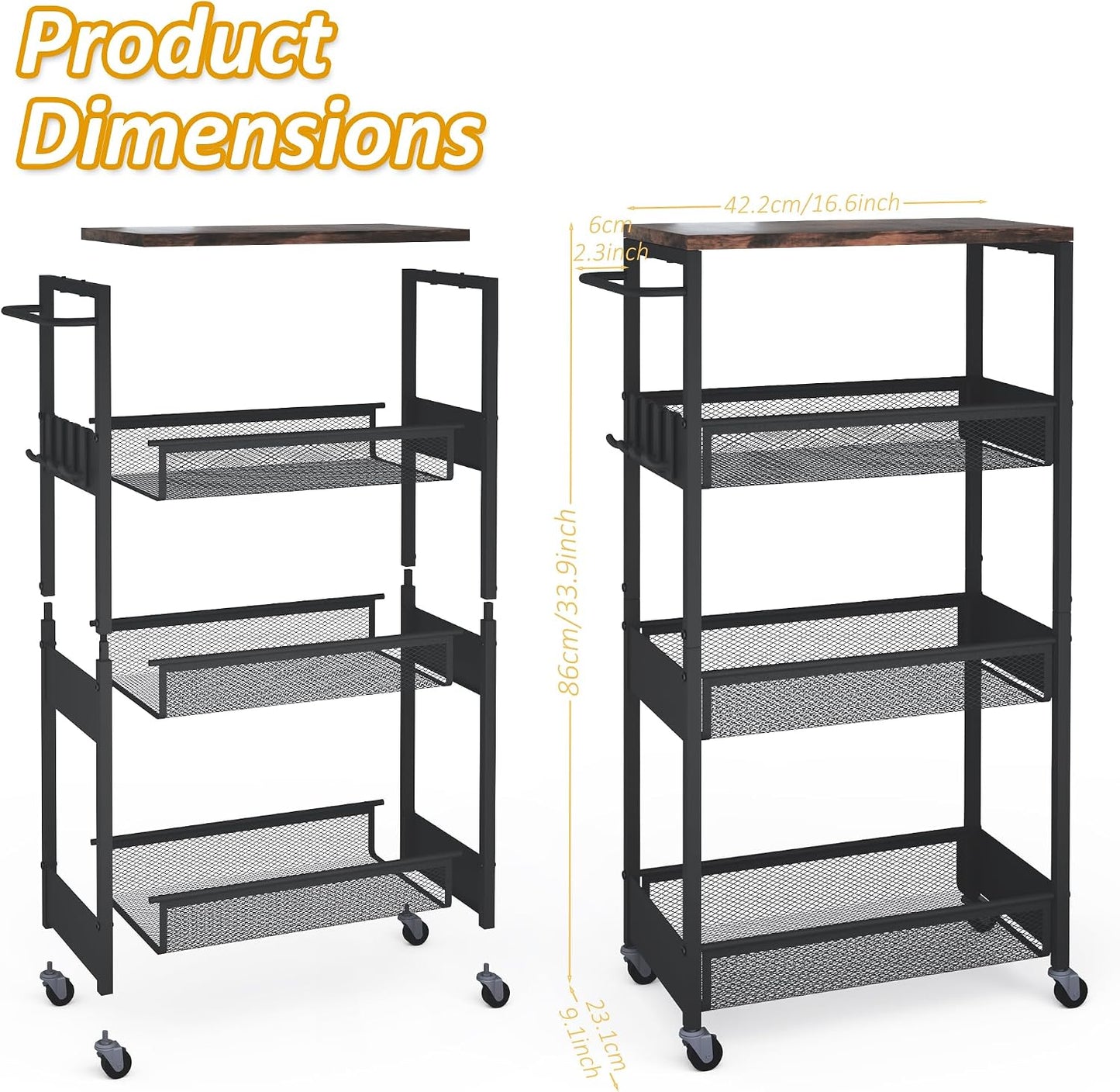 Vincona 7.1" Wide Slim Storage Cart on Wheels, 4 Tier Metal Narrow Rolling Cart with Handle and Wood Top, Multifunctional Small Mobile Shelf Unit Organizer Trolley for Laundry, Bathroom, Kitchen