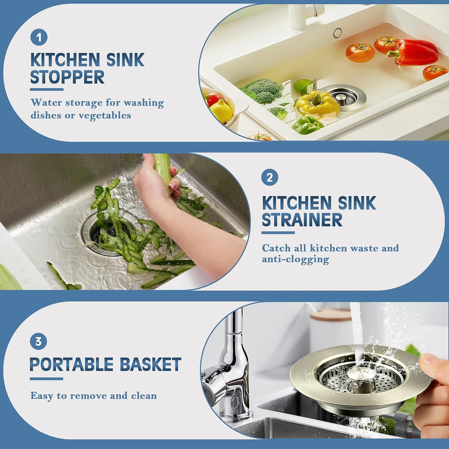 Sink Drain Strainer 3 in 1, 304 Stainless Steel Pop Up Kitchen Sink Stopper with Anti-Clogging Basket, Kitchen Essential Drain Anti-Clog Gadgets, Fits US Standard 3-1/2'' Sink Drain (SUS 304 Brushed)