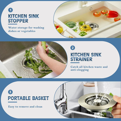 Sink Drain Strainer 3 in 1, 304 Stainless Steel Pop Up Kitchen Sink Stopper with Anti-Clogging Basket, Kitchen Essential Drain Anti-Clog Gadgets, Fits US Standard 3-1/2'' Sink Drain (SUS 304 Brushed)