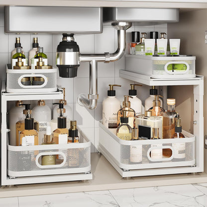 2 Pack 18.5IN-Depth Under Sink Organizer With Next-Gen Ball-Bearing Slides,2-Tier Precision Mesh Pull Out Cabinet Storage for Bathroom&Kitchen,Height Adjustable Drawers Shelf,Anti-rust-White
