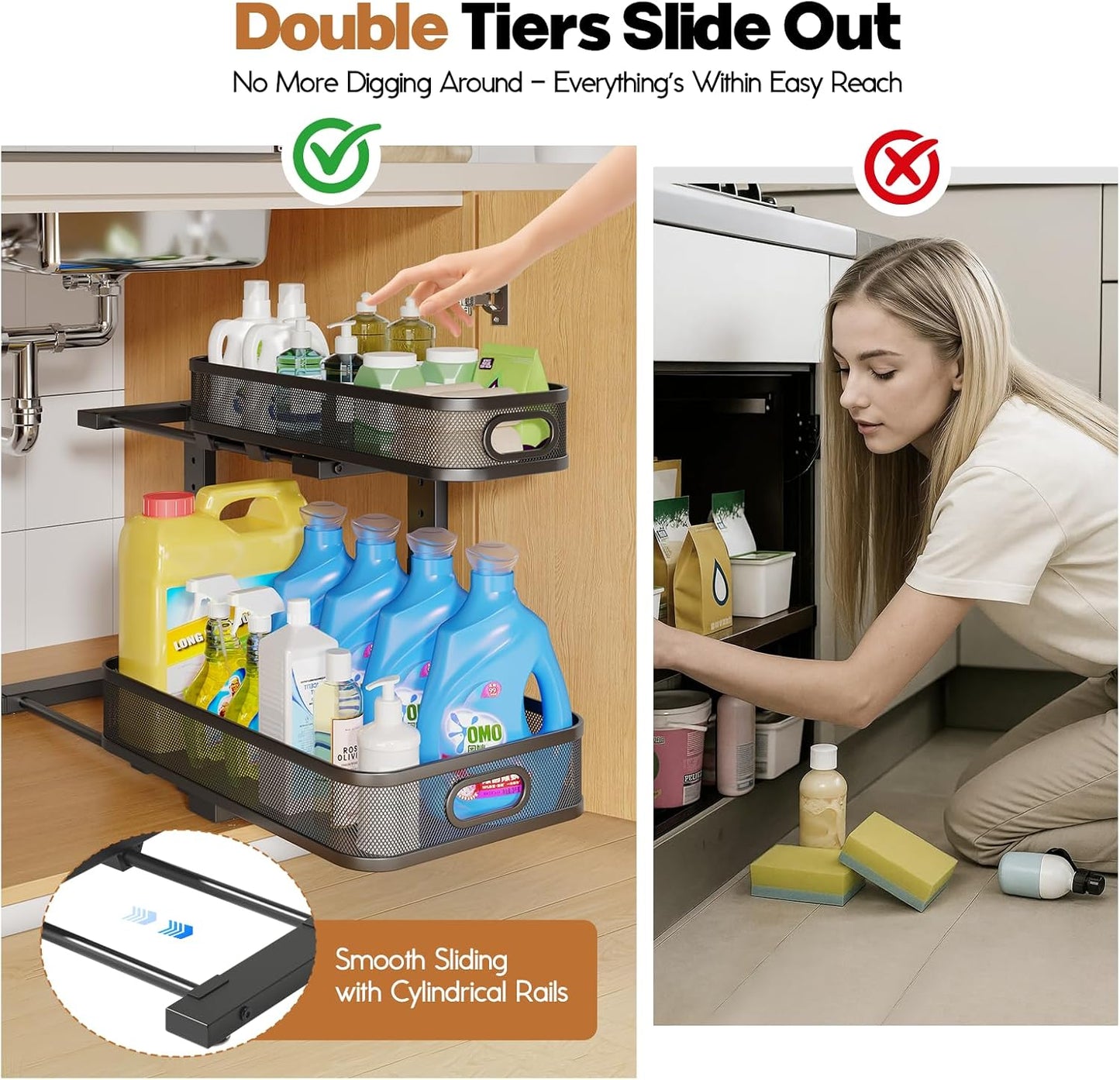 2 Pack Under Sink Organizer With Smooth Cylindrical Rail,2-Tier Pull Out Multi-Purpose Cabinet Storage for Bathroom&Kitchen,Height Adjustable,Rust-resistant Coating-White