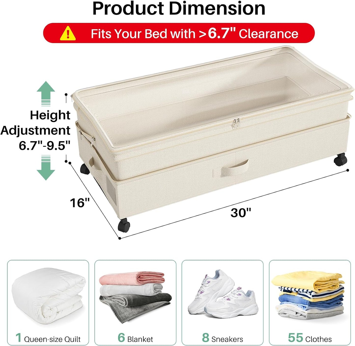 Kitstorack Under Bed Storage with Wheels 2Pack Height-adjustable Under Bed Storage Containers,Under Bed Shoe Storage Organizer with Clear Window&Label, Suitable for Clothes Storage, Gray