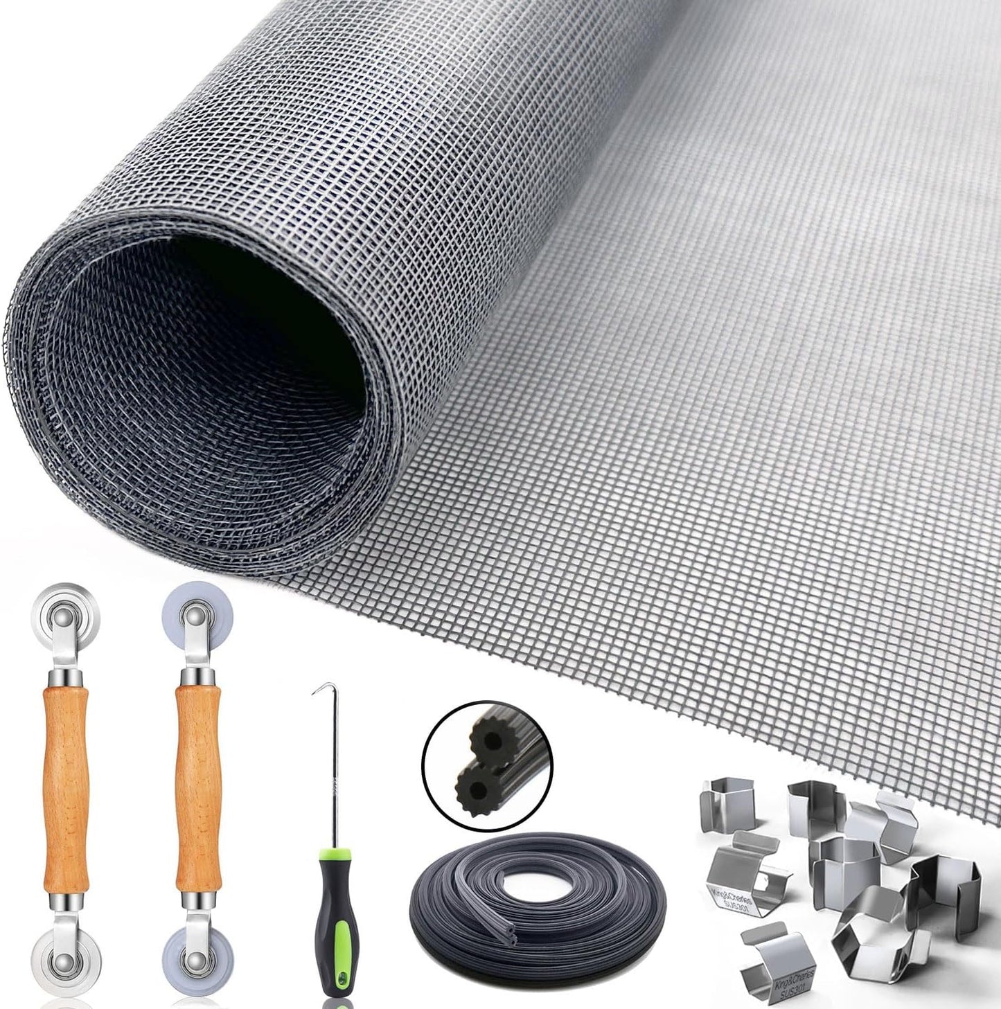 King&Charles Window Screen Door Repair/Replacement Kit, Include Black Screen Mesh 48"x118"+ 2 Roller+50Ft Spline+8Clips+Hook, 6 in 1 Window Mesh Kit, Steel/Nylon Bearing Roller