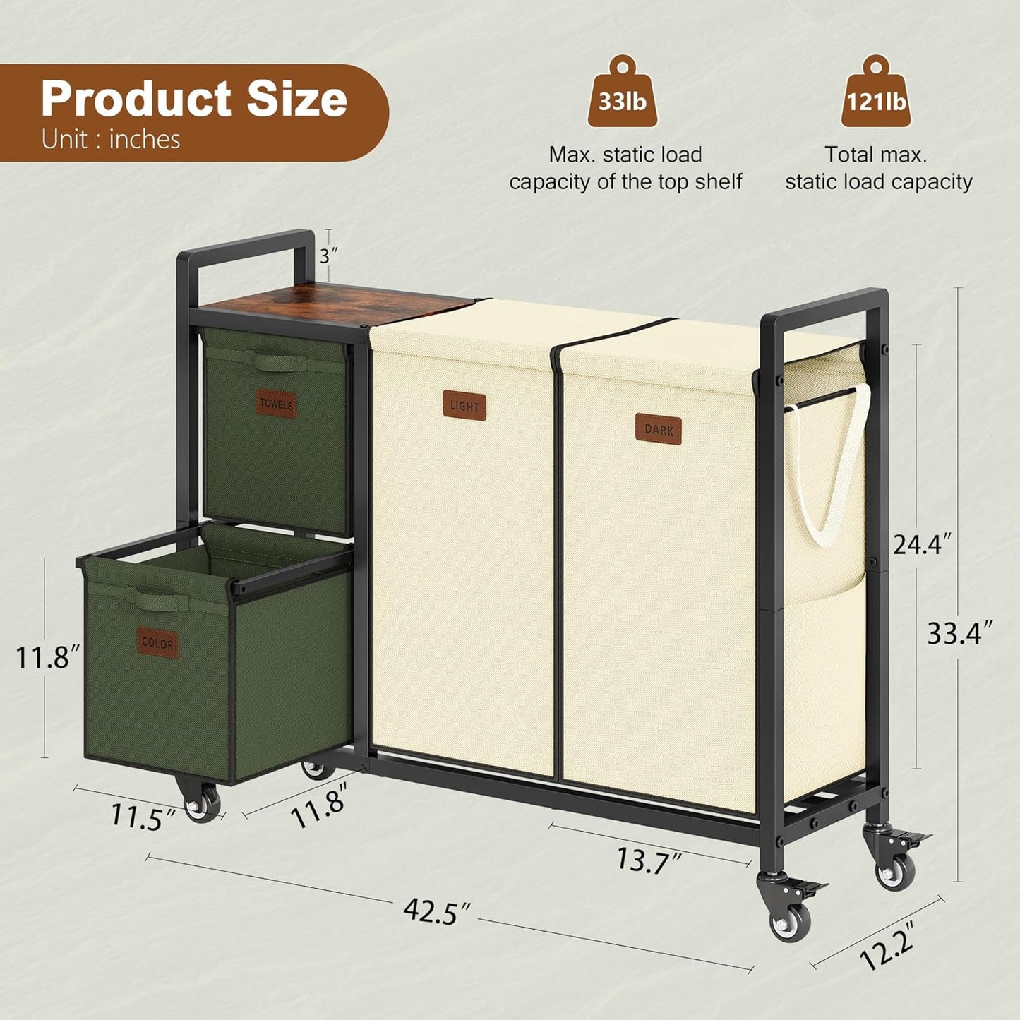 Hoctieon 4 Section Laundry Cart, 48 Gal. (182L) Laundry Hamper with Lid, Laundry Basket with Wheels, Rolling Laundry Sorter Organizer with Shelf, Clothes Separator with Removable Bags, Black