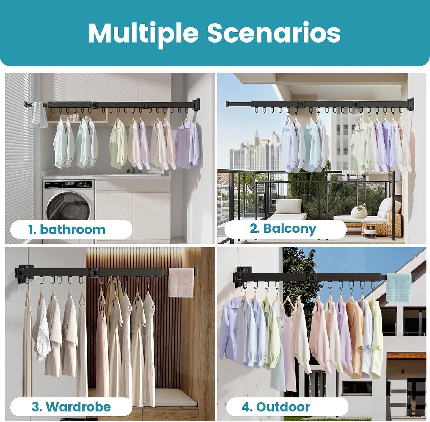 Abiglifty Clothes Drying Rack Wall Mounted, Laundry Drying Rack Collapsible, Foldable & Retractablewith 18 Hooks for Indoor/Outdoor Use inLaundry Room, Bathroom & Balcony (White)