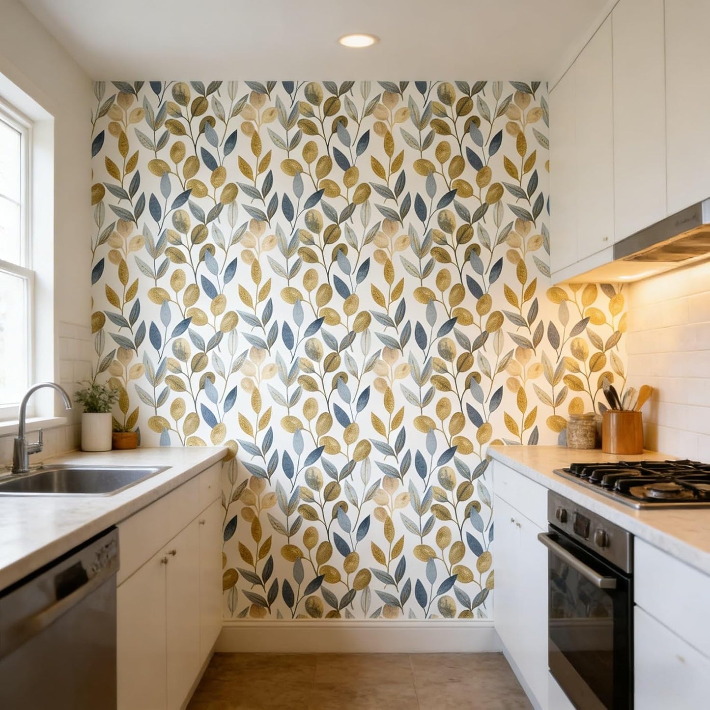 Blue Gold Leaf Peel and Stick Wallpaper Modern Self Adhesive Contact Paper Waterproof Removable Wall Paper for Bathroom Living Room 17.7"x70.8" Luxury Decorative Wallpaper