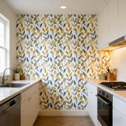Blue Gold Leaf Peel and Stick Wallpaper Modern Self Adhesive Contact Paper Waterproof Removable Wall Paper for Bathroom Living Room 17.7"x70.8" Luxury Decorative Wallpaper