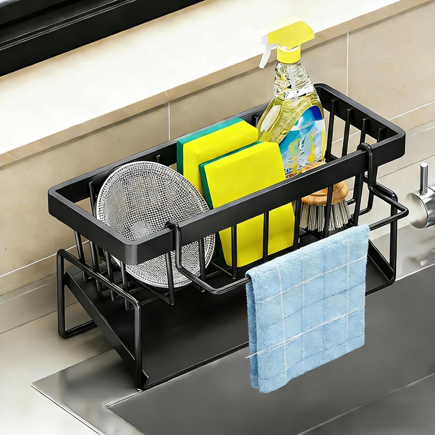 Stainless Steel Sink Caddy – Sponge Holder with Self-Drain Tray, Suction Cups & Adhesive Hook, 3-in-1 Kitchen Organizer for Sponge, Brush, Scrubber,Black