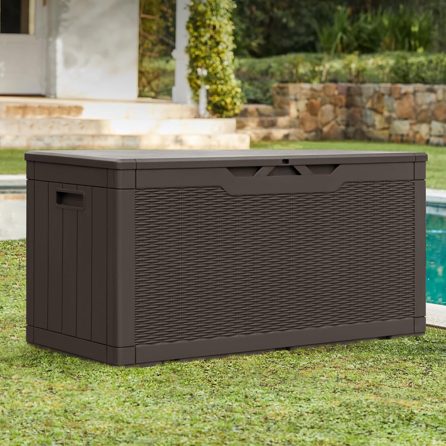 Greesum 110 Gallon Outdoor Storage Box with Lockable Lid, All-Weather for Patio Furniture, Pool Supplies & Garden Tools, Waterproof, UV-Resistant Large Deck Box, Dark Black