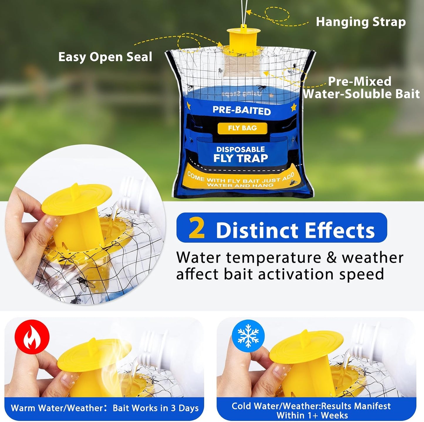 Big Disposable Hanging Fly Trap Bag 4 Pack for Chicken Coop Barn Ranch Farm | 50g Dissolvable Bait Fly Hunter for Flying Insects, Large Clear Capacity, No Messy Cleanup, Weatherproof Outdoor-only Use