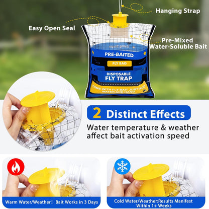 Big Disposable Hanging Fly Trap Bag 4 Pack for Chicken Coop Barn Ranch Farm | 50g Dissolvable Bait Fly Hunter for Flying Insects, Large Clear Capacity, No Messy Cleanup, Weatherproof Outdoor-only Use