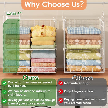 Yuyetuyo 5 Tier Closet Hanging Organizer and Storage Separable Hanging Closet Shelves with 4 Hooks 2 Adjustable Dividers, Wire Storage Basket Bins for Clothing Sweaters Socks Dolls Handbags, Foldable