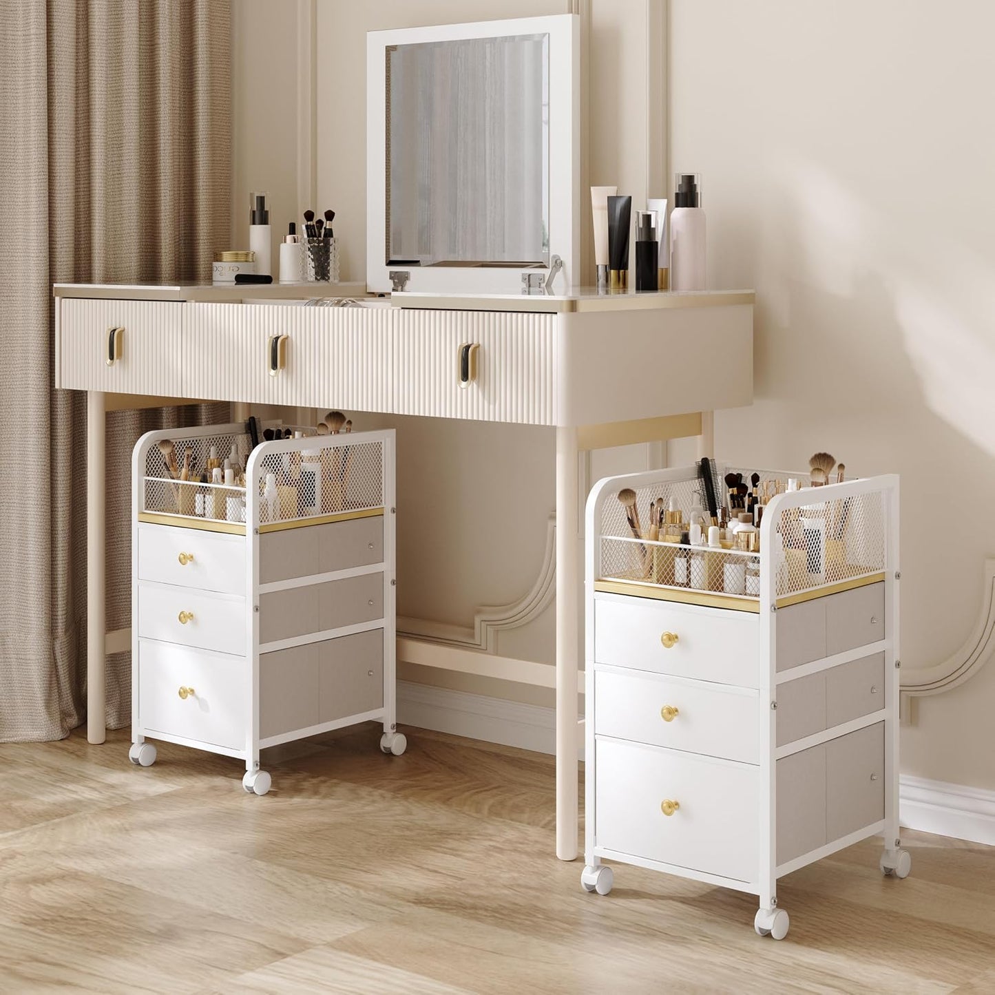 Rolling Makeup Organizer Cart with 3 Drawers, Under Desk Vanity Makeup Storage Cart, Bathroom Storage Cart Cosmetic Display Cases Cabinet for Nail Polish, Brushes & Hair Tools, Gold