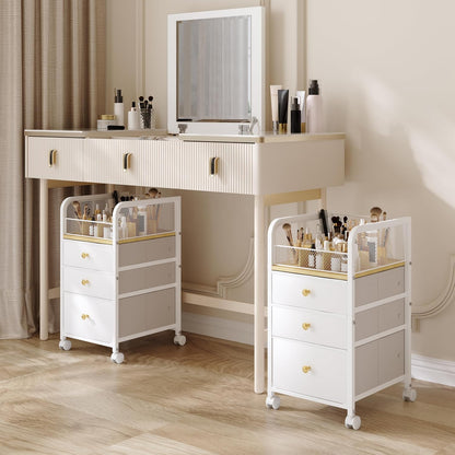 Rolling Makeup Organizer Cart with 3 Drawers, Under Desk Vanity Makeup Storage Cart, Bathroom Storage Cart Cosmetic Display Cases Cabinet for Nail Polish, Brushes & Hair Tools, Gold