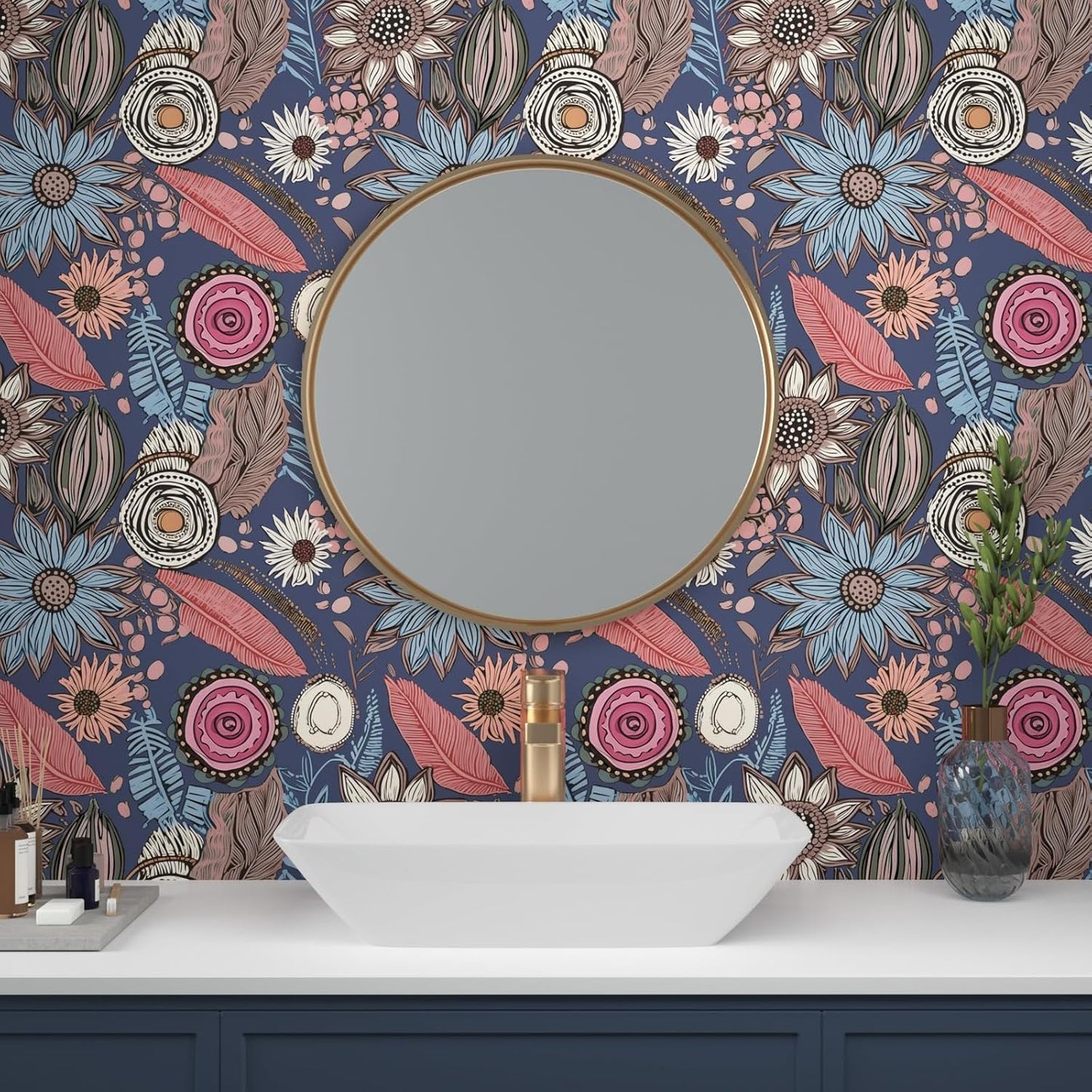 Blue Wallpaper Peel and Stick,Vintage Boho Floral Contact Paper 17.5" x 118", Retro Botanical Flower Wall Paper Self Adhesive Removable Waterproof for Walls Shelves Cabinet Table (Blue,Yellow, Green)