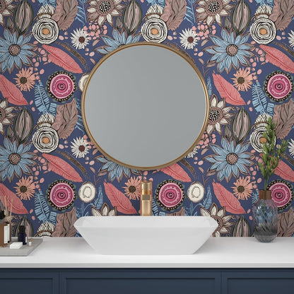 Blue Wallpaper Peel and Stick,Vintage Boho Floral Contact Paper 17.5" x 118", Retro Botanical Flower Wall Paper Self Adhesive Removable Waterproof for Walls Shelves Cabinet Table (Blue,Yellow, Green)