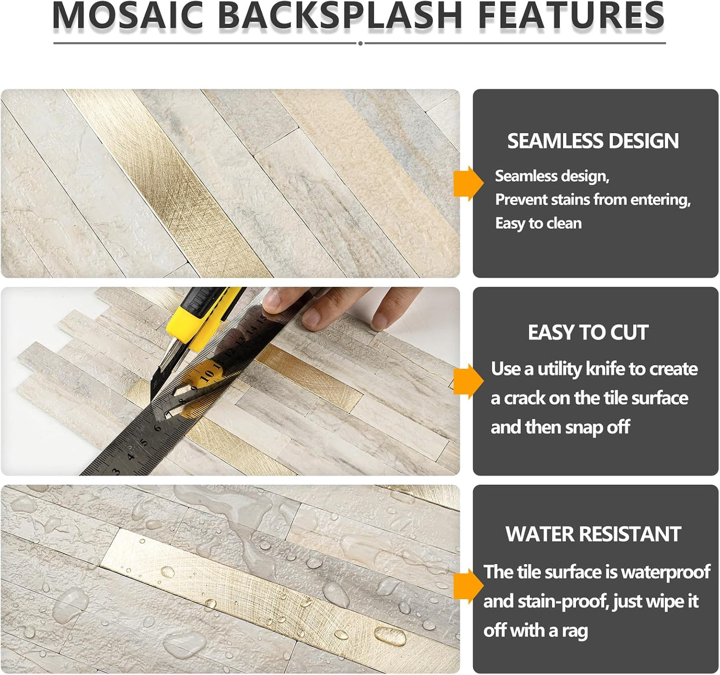 STICKGOO 20 Sheets Peel and Stick Backsplash Tile, Stick on Backsplash for Kitchen and Bathroom, White Sandstone Look PVC Mixed Metal Gold Self Adhesive Wall Tiles