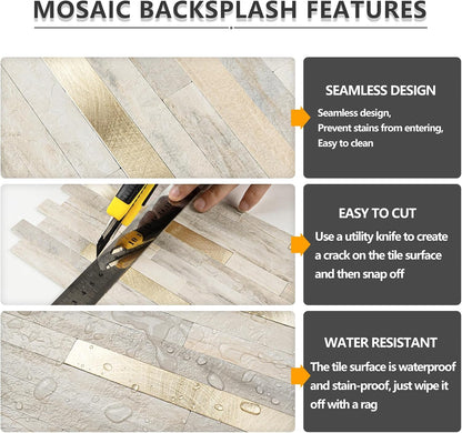 STICKGOO 20 Sheets Peel and Stick Backsplash Tile, Stick on Backsplash for Kitchen and Bathroom, White Sandstone Look PVC Mixed Metal Gold Self Adhesive Wall Tiles