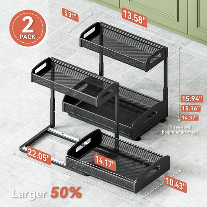 YASONIC 2 Pack Under Sink Organizer, 2 Tier Height Adjustable Kitchen Cabinet Organizer, Pull Out Metal Cabinet Shelf Organizer, Under the Sink Organizers and Storage for Kitchen & Bathroom, Black