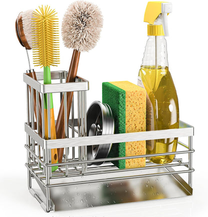 Cisily Sink Caddy Sponge Holder for Kitchen with Brush Holder and Stainless Steel Self Drain Tray, Rustproof Kitchen Sink Organizer for Sponge, Soap Dispenser Storage Accessories (Black)