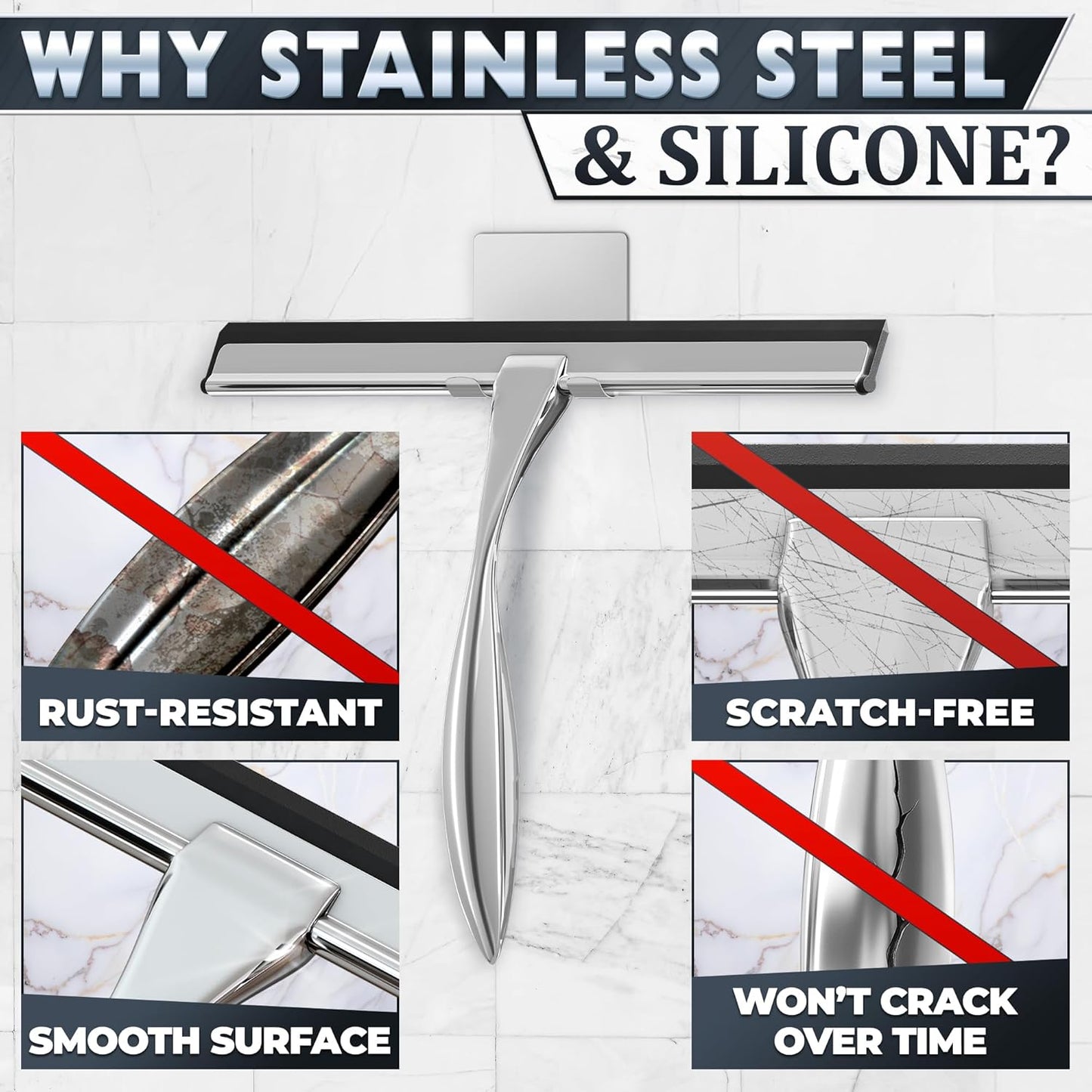 Shower Door Squeegee with Adhesive & Hanging Hooks, 12" Silicone Blade - Stainless Steel All-Purpose Squeegee for Shower Glass, Bathroom Mirror Cleaner Tool Suitable for Tile Walls - Multi-Surface Use