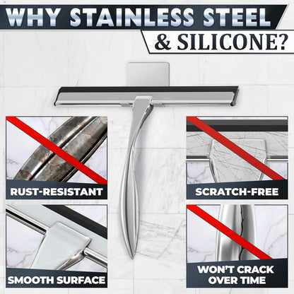 Shower Door Squeegee with Adhesive & Hanging Hooks, 12" Silicone Blade - Stainless Steel All-Purpose Squeegee for Shower Glass, Bathroom Mirror Cleaner Tool Suitable for Tile Walls - Multi-Surface Use