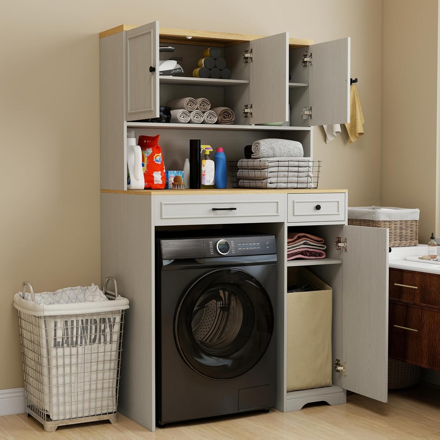GDFStudio Over the Washer Laundry Storage Cabinet, 26" L x 22" W x 35" H Laundry Room Organizer with Basket 1 Drawer 2 Adjustable Shelves, Freestanding Washing Machine Shelf Unit Antique White