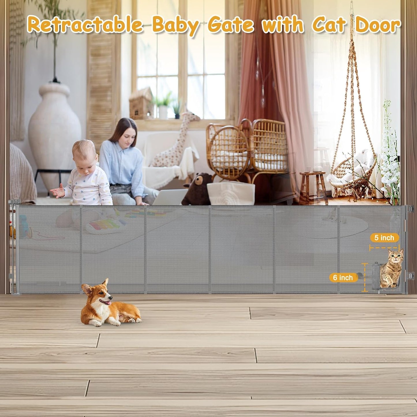 Reinforced 150” Extra Wide Pet Gate with Door 37 Inch Tall Retractable Dog Gates for Doorways Extra Wide Baby Gates for Large Openings with Reinforced Strips 12.5ft Large Dog Gate with Cat Door, White