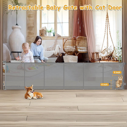 Reinforced 150” Extra Wide Pet Gate with Door 37 Inch Tall Retractable Dog Gates for Doorways Extra Wide Baby Gates for Large Openings with Reinforced Strips 12.5ft Large Dog Gate with Cat Door, White