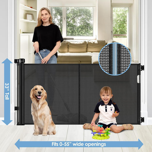 Reinforced 75” Wide Retractable Baby Gates with Support Rods, Retractable Dog Gate for The House Extra Wide Mesh Pet Gate Indoor Outdoor Child Gates for Doorways Stair Gates for Kids or Pets (Black)