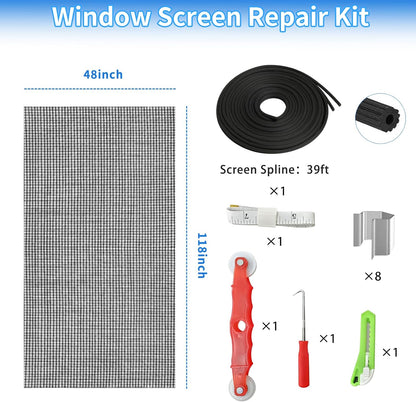 Window Screen Repair Kit 48"x118" - Includes Full Tools Set Replacement Window Screens for House Windows & Screen Doors, Durable Easy to Install for Sliding Screen Door Repair for Patio