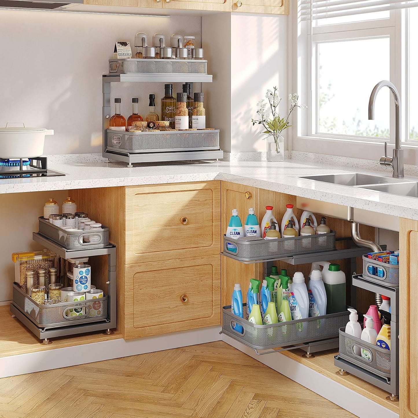 2-Pack Under Sink Storage Organizer with 2-Tier Slide Out Drawer, Sophisticated Mesh Pull Out Shelf for Kitchen & Bathroom, Fits Small Items, Upgraded Arched Track for Smooth Gliding(Patented)