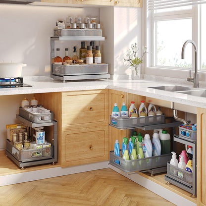 2-Pack Under Sink Storage Organizer with 2-Tier Slide Out Drawer, Sophisticated Mesh Pull Out Shelf for Kitchen & Bathroom, Fits Small Items, Upgraded Arched Track for Smooth Gliding(Patented)