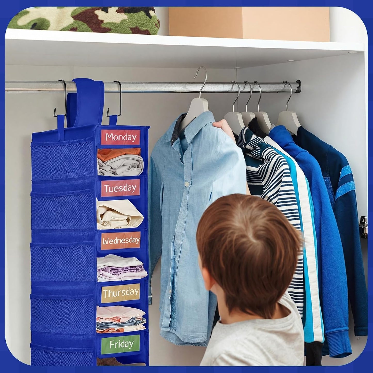 2 Pack 7 Shelf Weekly Clothes Organizer Hanging Closet for Kids with Side Pockets Weekday Shoes Rack Weekly Clothes Organizers Monday Through Weekend Foldable Storage Shelves(Black)