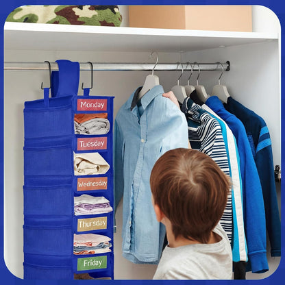 2 Pack 7 Shelf Weekly Clothes Organizer Hanging Closet for Kids with Side Pockets Weekday Shoes Rack Weekly Clothes Organizers Monday Through Weekend Foldable Storage Shelves(Black)
