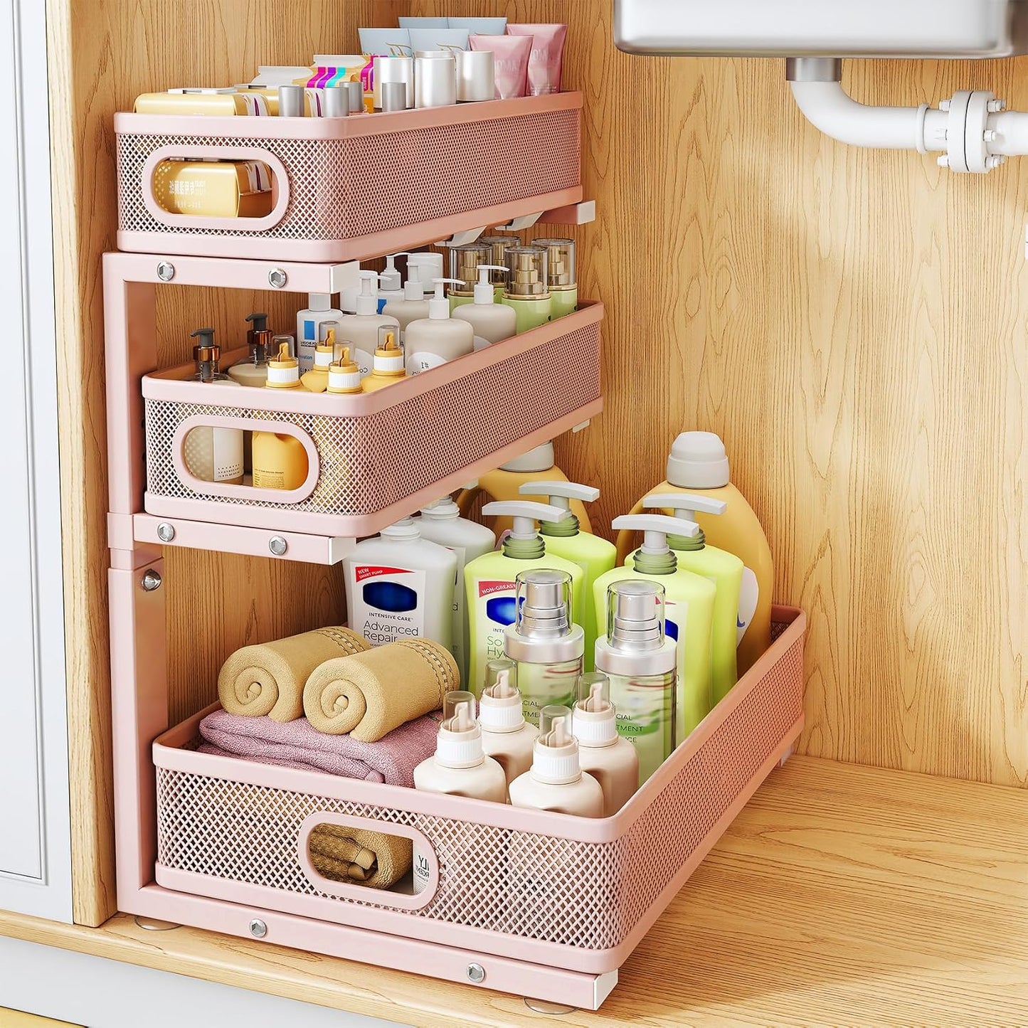 Under Sink Organizer, 2-Pack 3-Tier Thickened Metal Pull out Cabinet Organizer Shelf, Height Adjustable Slide out Storage Drawer Rack for Kitchen Bathroom Pantry Laundry Home Office Organization
