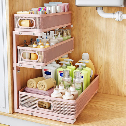 Under Sink Organizer, 2-Pack 3-Tier Thickened Metal Pull out Cabinet Organizer Shelf, Height Adjustable Slide out Storage Drawer Rack for Kitchen Bathroom Pantry Laundry Home Office Organization