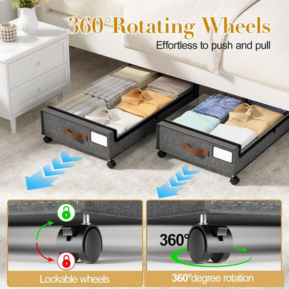 Yecaye Under Bed Storage with Wheels, 2 Pack Under the Bed Storage Containers with Lids & Label, XXL 60L Rolling Underbed Storage Drawers for Clothes, Blankets, Shoes, Black
