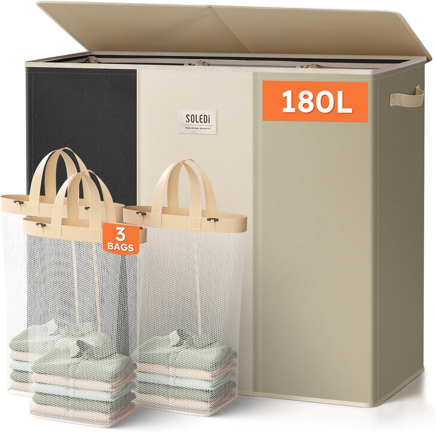 SOLEDI 180L Laundry Hamper 3 Section, Extra Large Laundry Hamper with Lid, Dirty Clothes Hamper with Sturdy Handle, Large Laundry Basket Organizer for Laundry Room, Bedroom, Hampers for Laundry