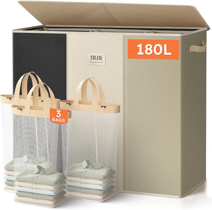 SOLEDI 180L Laundry Hamper 3 Section, Extra Large Laundry Hamper with Lid, Dirty Clothes Hamper with Sturdy Handle, Large Laundry Basket Organizer for Laundry Room, Bedroom, Hampers for Laundry