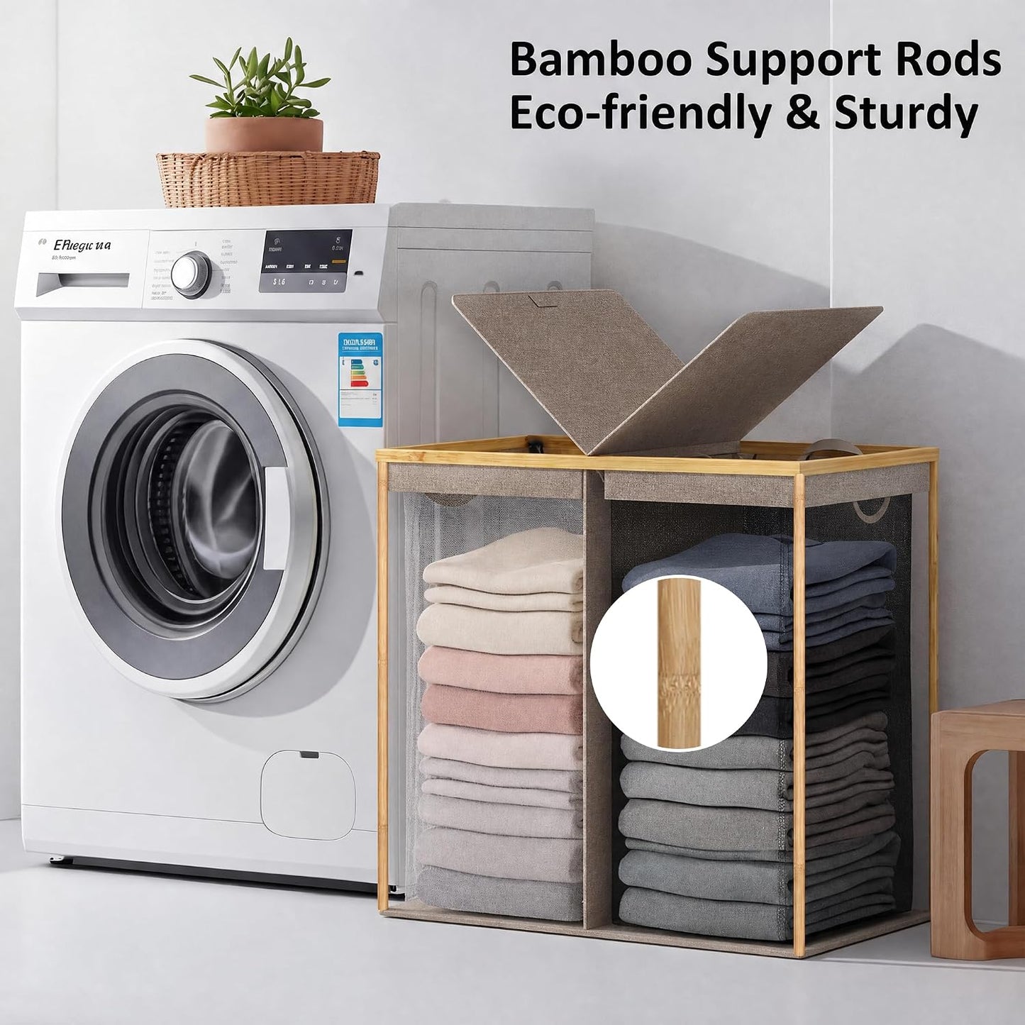 efluky Laundry Hamper with Lid, Trio Laundry Basket with 2 Removable Bags, 3 Section Laundry Bin with Bamboo Handles for Bathroom, Bedroom & Laundry Room, 160L (42.3 Gallon) Beige