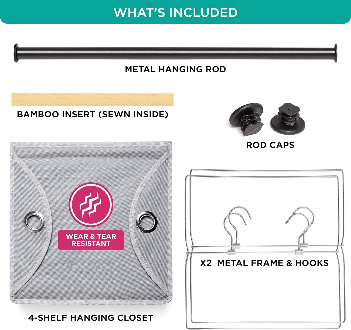 HOLDN’ STORAGE Hanging Closet Organizer with Garment Rod – Heavy Duty 4-Shelf Hanging Shelves for Clothes, Sweaters & Shoes, Reinforced 600D Fabric Storage Unit with Built-in Clothing Rod, Grey