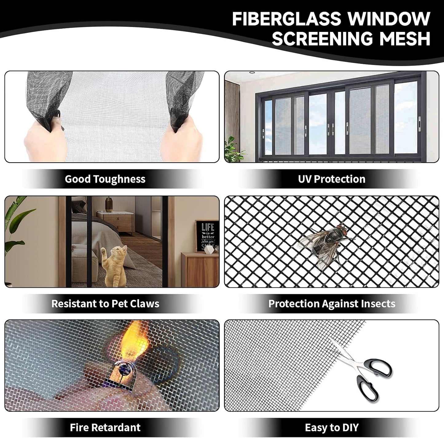 Window Screen Door Repair/Replacement Kit,48" x178" Adjustable Durable Fiberglass Window Screen Mesh,with Spline/Roller/Hook/Clips Screen Door Repair Kit,DIY Window,Porch Sliding Door(Black)