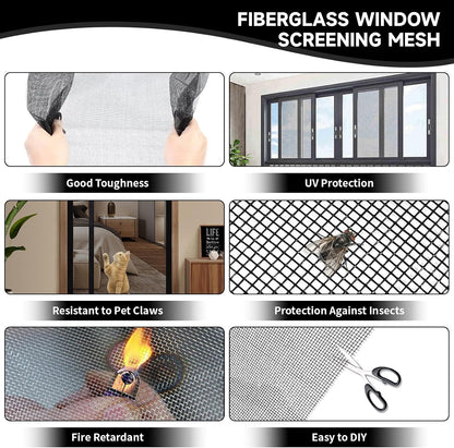 Window Screen Door Repair/Replacement Kit,48" x178" Adjustable Durable Fiberglass Window Screen Mesh,with Spline/Roller/Hook/Clips Screen Door Repair Kit,DIY Window,Porch Sliding Door(Black)